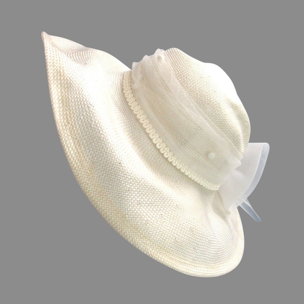 VTG STREET SMART BETMAR Mushroom Garden Church WHITE STRAW LACE TULLE BOW & BAND